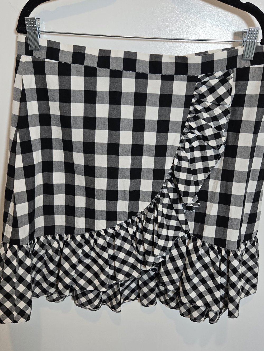 J. Crew Black and White Gingham Mini Skirt with Ruffle Detail